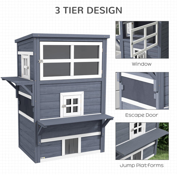 English Elm PawHut Outdoor 3-Story Cat House with Raised Floor, Asphalt Roof, Escape Doors & Play Platforms Dark Gray W2225P229411