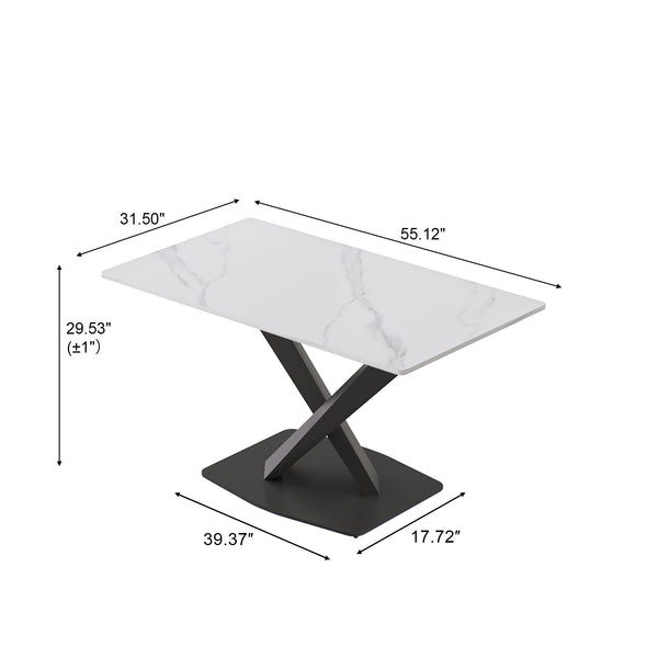 English Elm 55.12" Modern White Sintered Stone Dining Table With Black Metal X-Leg Base For 6 People, Stylish & Durable W1535S00537