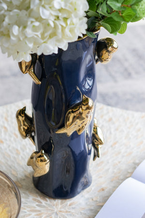English Elm 8x8x15.5" Blue Ceramic Tree Trunk Vase with Navy Glaze and Gold Bird Accents for Luxe Décor W2078P390453