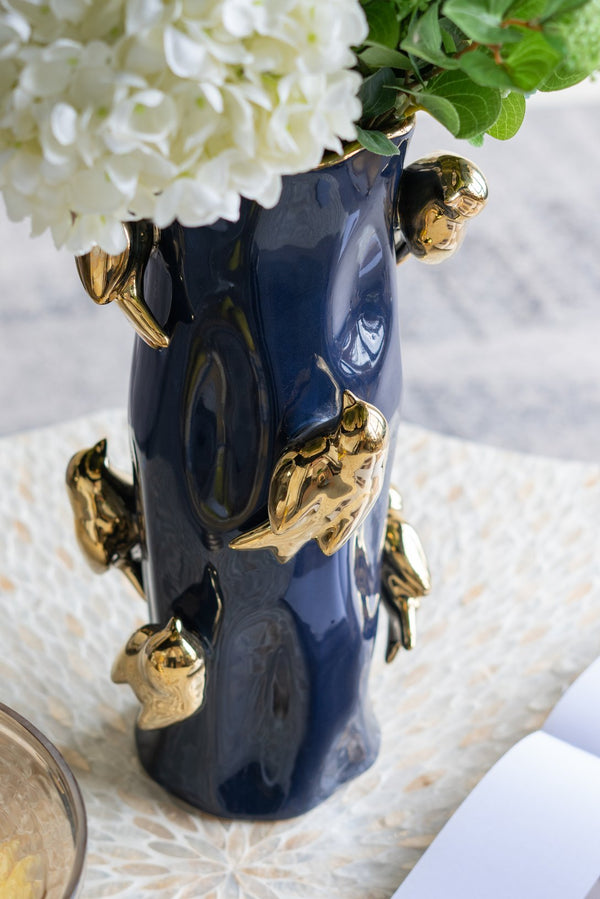 English Elm 8x8x15.5" Blue Ceramic Tree Trunk Vase with Navy Glaze and Gold Bird Accents for Luxe Décor W2078P390453