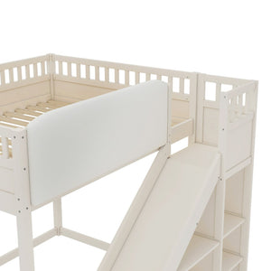 English Elm Full Size Kids Loft Bed Pine Frame Upholstered Headboard Built in Slide and Storage Shelves Beige W1580S00305