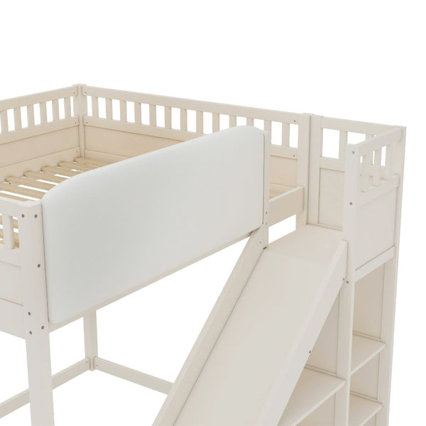 English Elm Full Size Kids Loft Bed Pine Frame Upholstered Headboard Built in Slide and Storage Shelves Beige W1580S00638