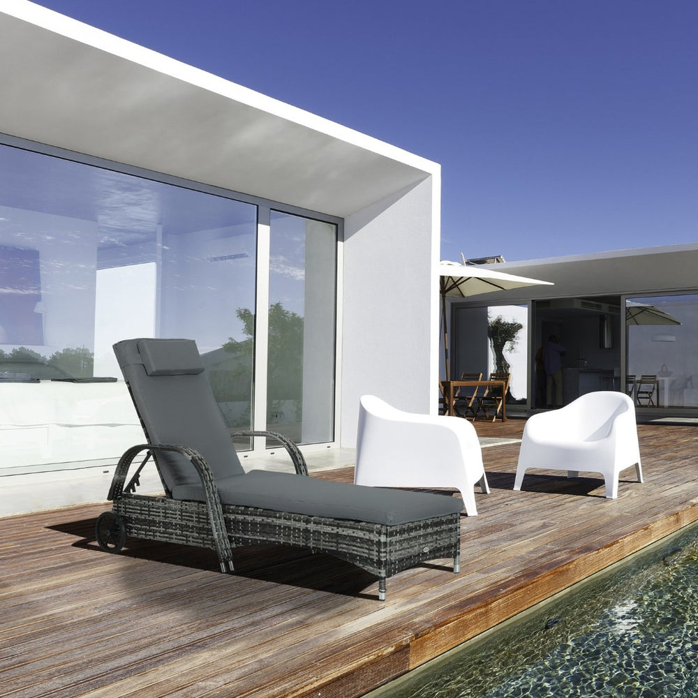 English Elm Outsunny Wicker Chaise Lounge Chair With Adjustable Backrest, Cushions & Wheels For Outdoor Comfort W2225P217676-GIGA