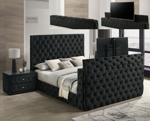 English Elm Luxurious Queen Bed Nightstand Set - Deeply Tufted Velvet Upholstery With Integrated Tv Lift 3Pc Set B2741S00124