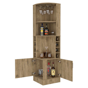 English Elm Seattle Floor Tower Bar Cabinet with Wine Cubbies Open Shelves Slim Dining Storage B128P460118