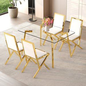 English Elm Table and Chair Set 7 Piece Round Walnut Mdf Industrial Dining with Pu Seats Transparent,White+Gold W1151S04792