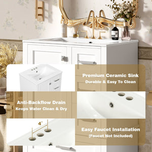 English Elm 24" Olive Bathroom Vanity Solid Wood Frame Ceramic Sink Gold Hardware Soft Close White N729P373276K
