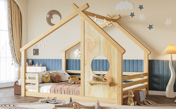 English Elm Twin House Bed Low Profile Pine Wood Frame with Shelf Montessori Kids Floor Sleeping Natural W5305P429645