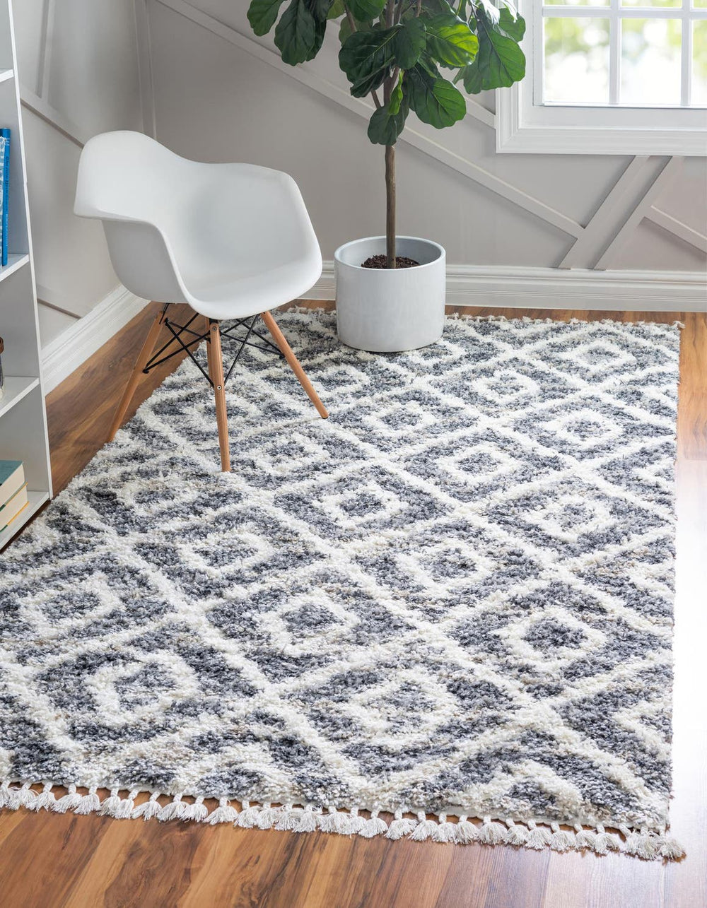 Unique Loom Hygge Shag Diamond Machine Made Geometric Rug Gray, Beige/Ivory 9' 0" x 12' 2"