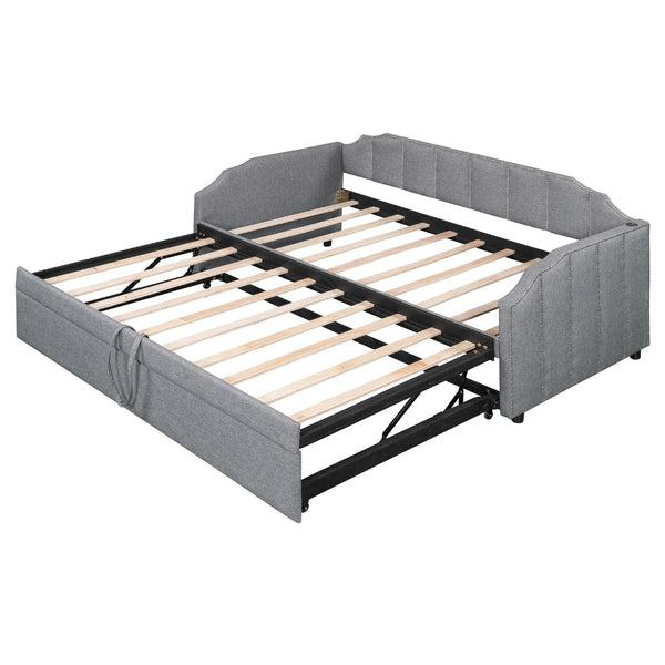English Elm Twin Linen Upholstered Daybed with Pop up Trundle and Built in Usb Charging Gray SF000199AAE
