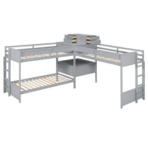 English Elm Twin L-shaped Bunk Bed Pine Wood Corner Design with Desk Drawers and Usb Charging Gray N820S00079E