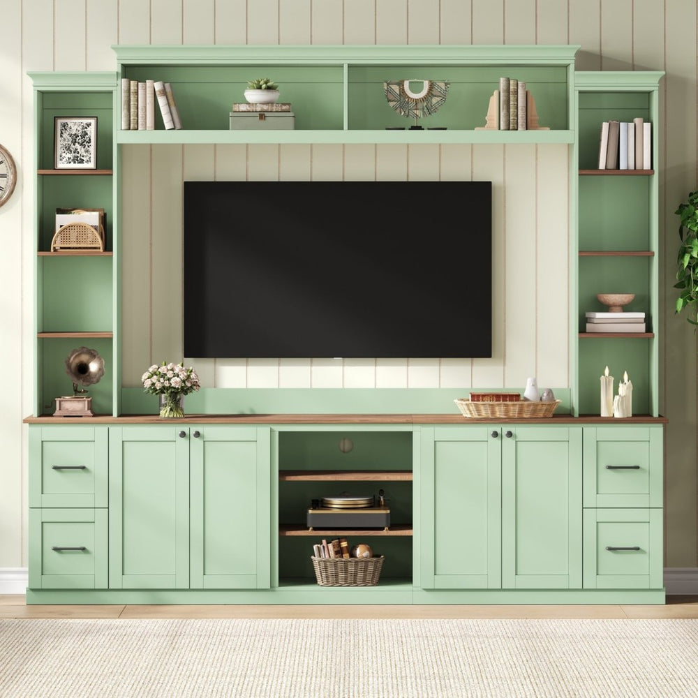 English Elm Unique Low Profile Media Console with Led Lighting Glass Shelves Fits Tvs to 105 Mint Green N721S000077M