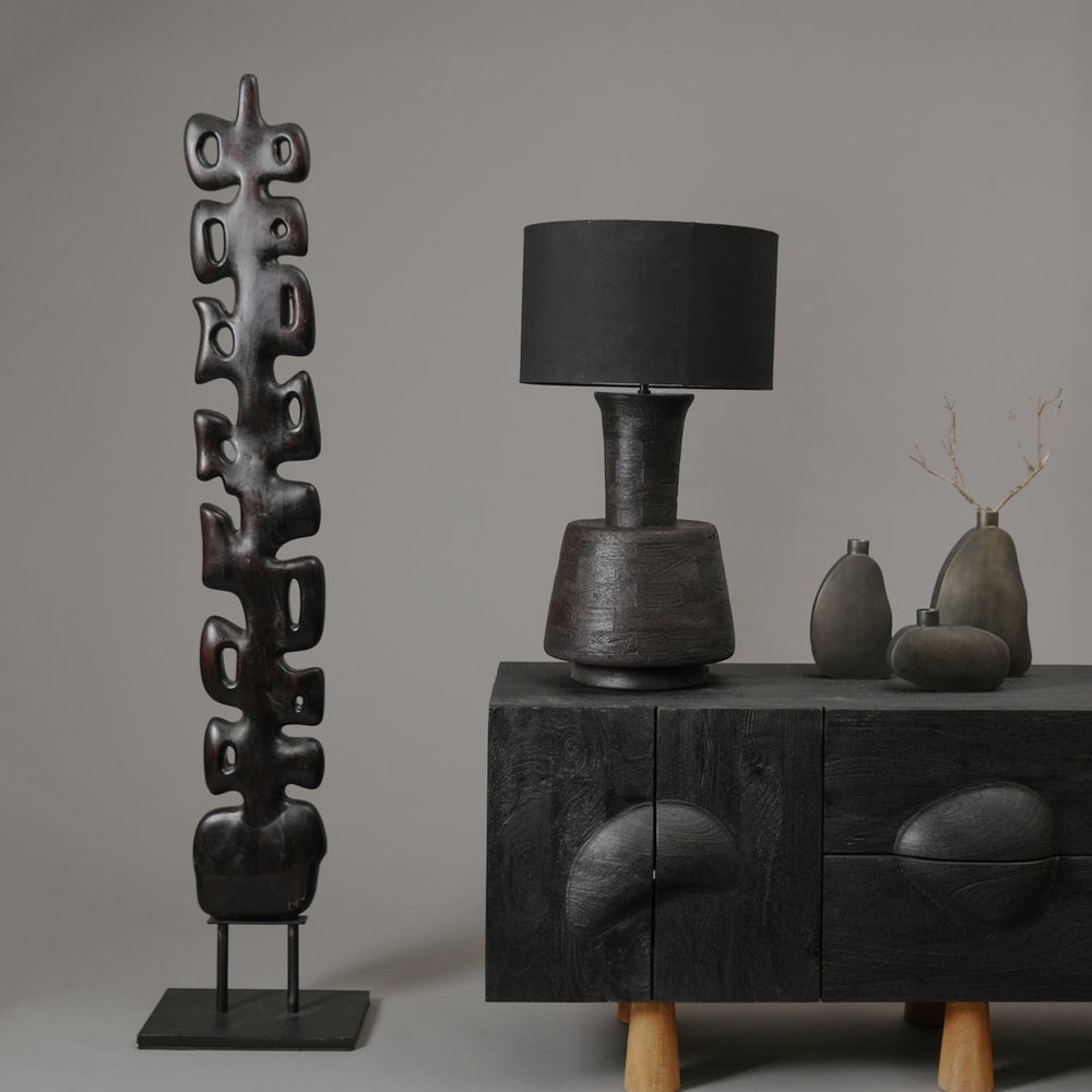 English Elm Handcrafted Aged Solid Wood Sculpture with Matte Metal Base — Abstract Floor Art for Modern Interiors B346P325425