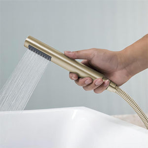 English Elm Floor Mount freestanding bathtub faucet with matte black finish, high-flow single-handle tub filler with handheld shower and 360° swivel spout, durable stainless steel and brass construction Brushed Gold T3177P277534