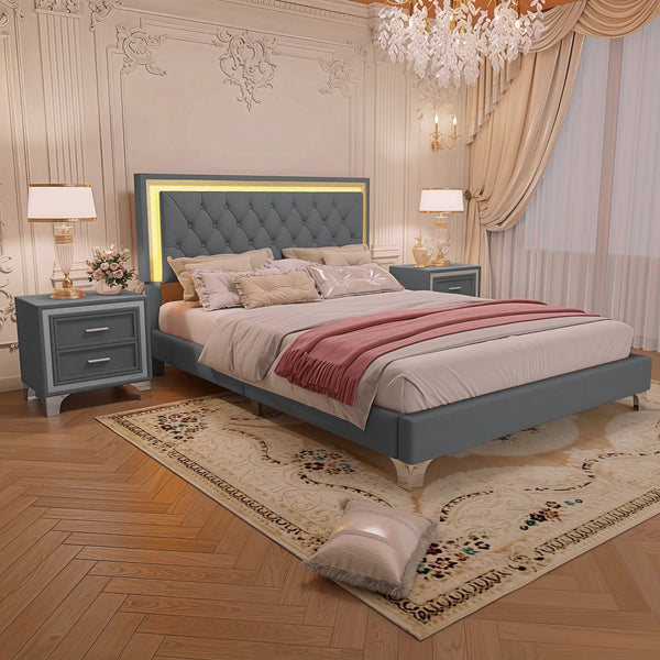 English Elm 3-Pieces Tufted Upholstered Platform Bed with Romantic LED Headboard and Two Storage Nightstands Gray 63.98 L x 23.23 W x 5.91 H N733S183659E