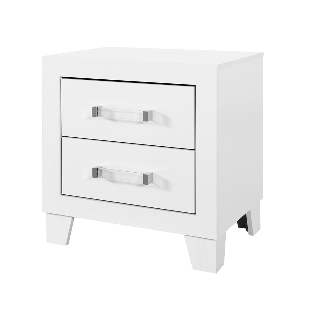 English Elm OMODA Sleek White Nightstand with Solid Wood & MDF, Modern Acrylic Hardware, Contemporary Design B201P226206