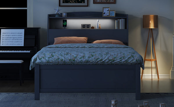 English Elm Full Size Wooden Led Platform Bed With Trundle, Storage Headboard & Usb Charging – Gray Finish N820S10009E
