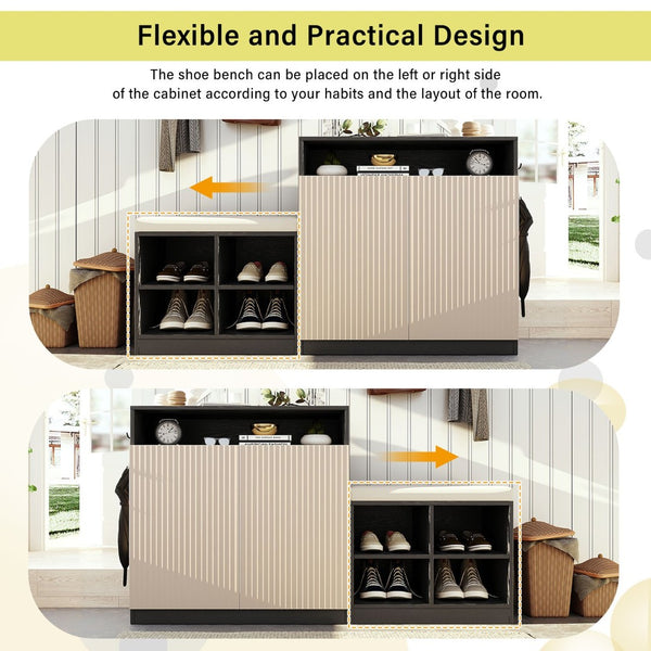 English Elm U_style Entryway Console Set with Wavy Doors Cushioned Bench and Adjustable Shoe Storage N711P345166B