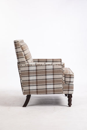 English Elm Upholstered Vintage Armchair with Striped Linen Look, Nailhead Trim, High-Density Foam Comfort Coffee W2530P174776