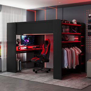 English Elm Full Size Gaming Bunk Bed with Rgb Lighting Integrated Desk Wardrobe and Storage Red LT100266AAR