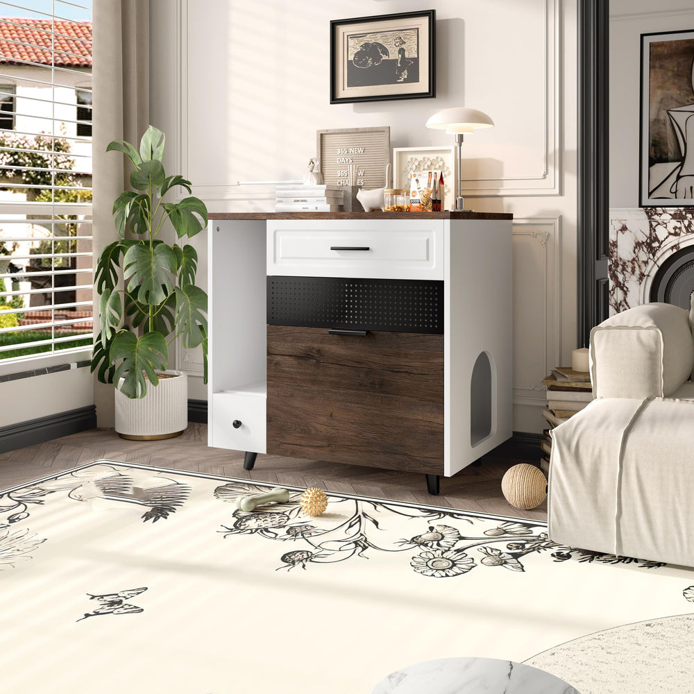 English Elm Cat Hidden Litter Box Furniture with 2 Drawers & Door, MDF Cat House End Table for Living Room, White/Brown N704P287849D