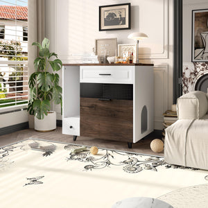 English Elm Cat Hidden Litter Box Furniture with 2 Drawers & Door, MDF Cat House End Table for Living Room, White/Brown N704P287849D