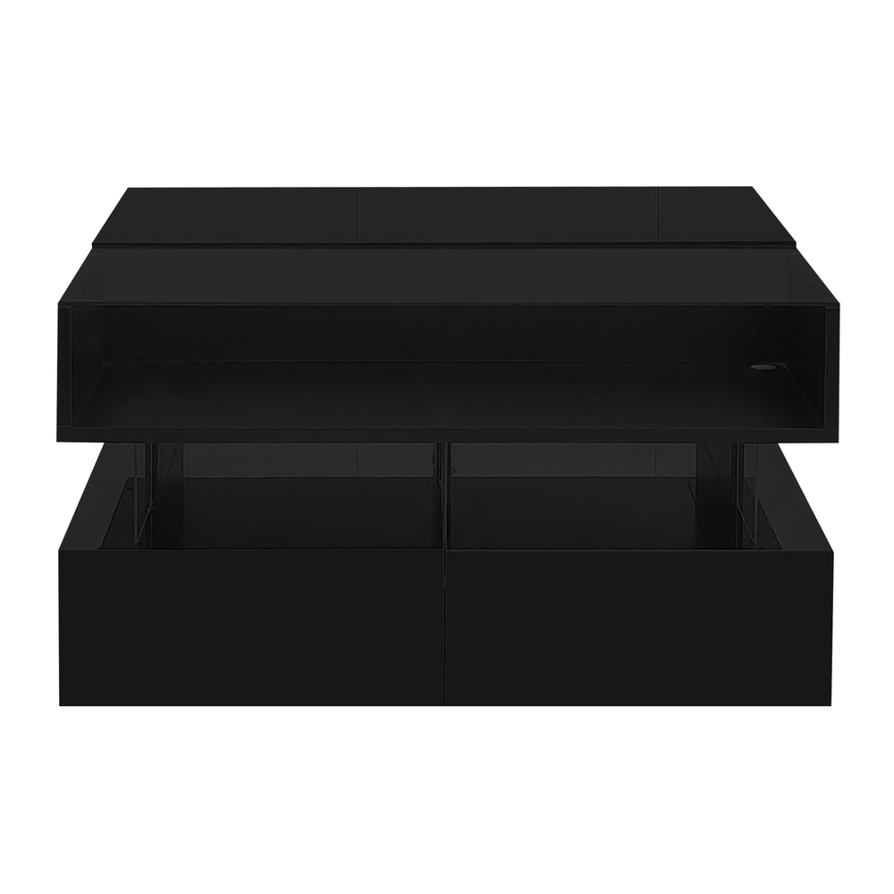 English Elm VIBE Lift-Top Coffee Table with Glass Top, Hidden Storage & LED Ambience, Modern High-Gloss Centerpiece Black N724P290043B