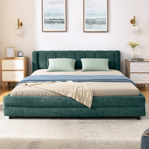English Elm Queen Chenille Upholstered Storage Bed Wingback Headboard Platform Frame Bedroom Blue+Green W487S00419