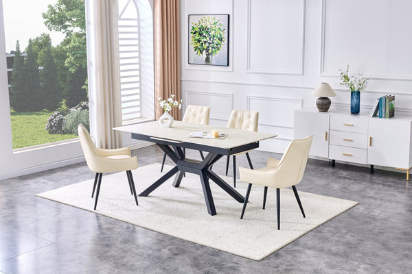 English Elm Modern Extendable Sintered Stone Dining Table with Auto-Lift, Scratchproof Waterproof Top & Black Metal Base W3493S00005