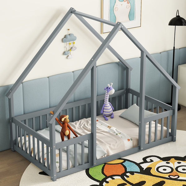English Elm Twin Wood House-Shaped Floor Bed with Fence and Guardrails – Playful Pine Frame for Imaginative Kids Retreat Grey W504P143289