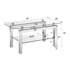 English Elm Rectangle Mirrored Tempered Glass Coffee Table with Lower Shelf, Modern Stainless Legs, Sleek Silver Finish W1005P261281