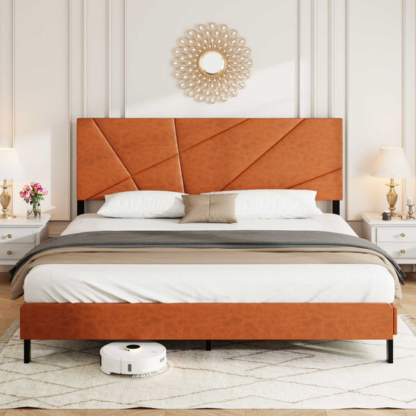 English Elm King metal platform bed frame with vintage brown headboard, 800lb capacity, under-bed storage, no box spring needed W636P294871