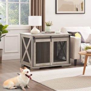 English Elm Farmhouse Dog Cage Crate Furniture with Sliding Barn Door, Secure Metal Latch, Flip-Up Top Access and Removable Divider for Small to Large Dogs (40.94x30.51x6.69) Gray Wash W2275P164727