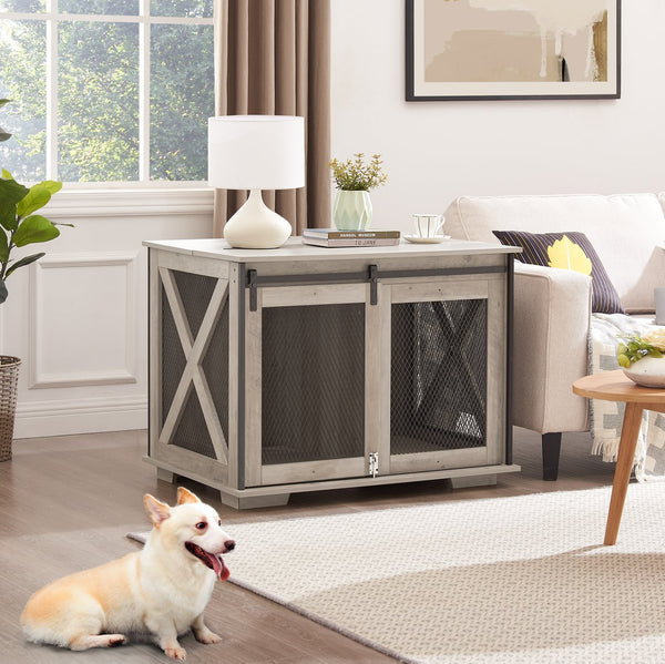 English Elm Farmhouse Dog Cage Crate Furniture with Sliding Barn Door, Secure Metal Latch, Flip-Up Top Access and Removable Divider for Small to Large Dogs (40.94x30.51x6.69) Gray Wash W2275P164727