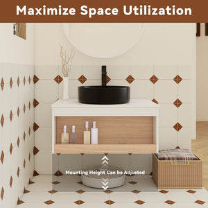 English Elm 30" Floating Wall Mount Bathroom Vanity Open Shelf Ceramic Vessel Sink Modern White Black,White + Light Oak W3450S00057