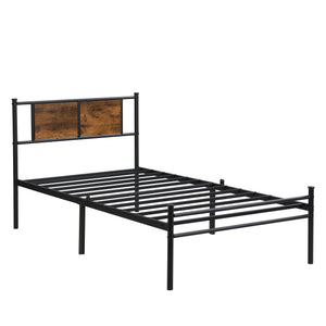 English Elm Twin XL Metal Bedframe with Wood Headboard Panel, Black/Brown, Sturdy Steel, 10.8" Storage Space W311P284654