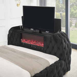 English Elm Luxurious King Size 3Pc Bed Set With Tv Lift & Electric Fireplace - Black Velvet Tufted Design B2741S00094