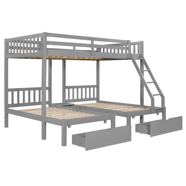 English Elm Full Over Twin Triple Bunk Bed Pine Wood Frame with Storage Drawers and Guardrails LT000343AAE-1