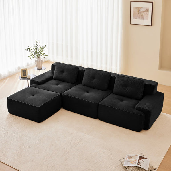 English Elm 117" L-Shaped Modular Sectional Sofa In Black - Soft Corduroy, Deep Seats, Movable Ottoman, No Assembly! W714S01477