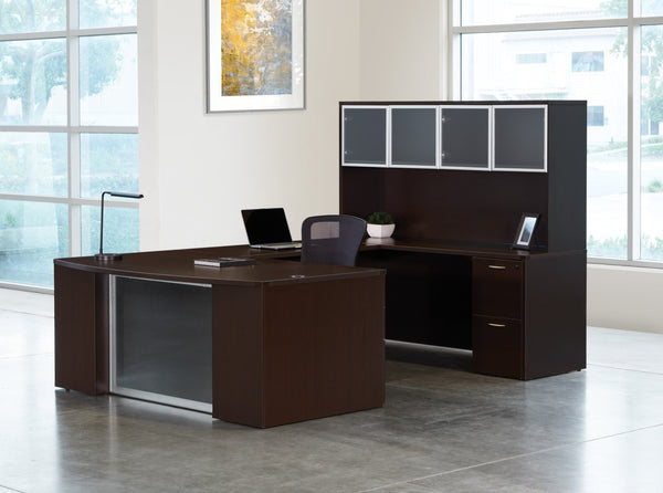 OSP Home Furnishings Napa Executive U-shape Desk with Overhead Hutch and Modesty Panel for Home Office Espresso NAPESP-TYP212G