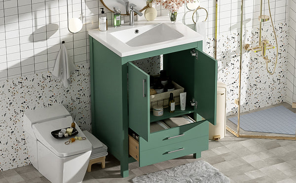 English Elm 24'' Green Bathroom Vanity with Ceramic Sink Combo — Modern Freestanding MDF & Solid Wood Storage, Soft-Close Doors, Silver Handles N710P228364F