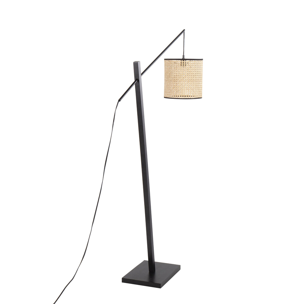 English Elm Arturo Contemporary Floor Lamp: Black Wood & Steel With Woven Rattan Shade For Cozy Illumination B202S01386