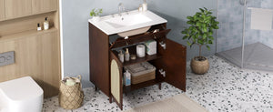 English Elm 30" Rattan Front Bathroom Vanity Solid Pine Cabinet with Ceramic Sink and Adjustable Shelf Walnut N710P293988P