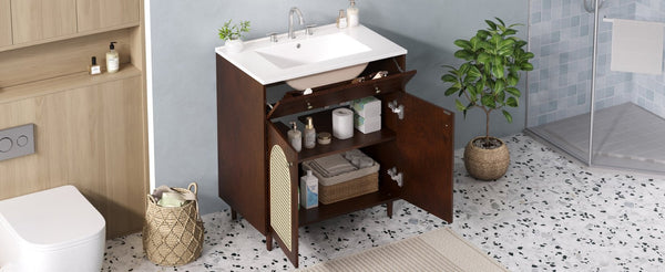 English Elm 30" Rattan Front Bathroom Vanity Solid Pine Cabinet with Ceramic Sink and Adjustable Shelf Walnut N710P293988P