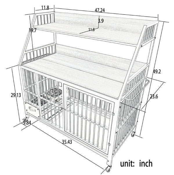 English Elm Large Pet Cage with Iron Frame Mdf Panels Storage Rack and Steel Feeding Basins Black,Gray+Charcoal W3064P245387