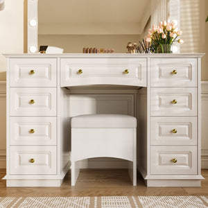 English Elm <old Sku Hollywood Vanity with 10 Bulbs 9 Drawers Cushioned Stool White Glam Bedroom N704G202308A