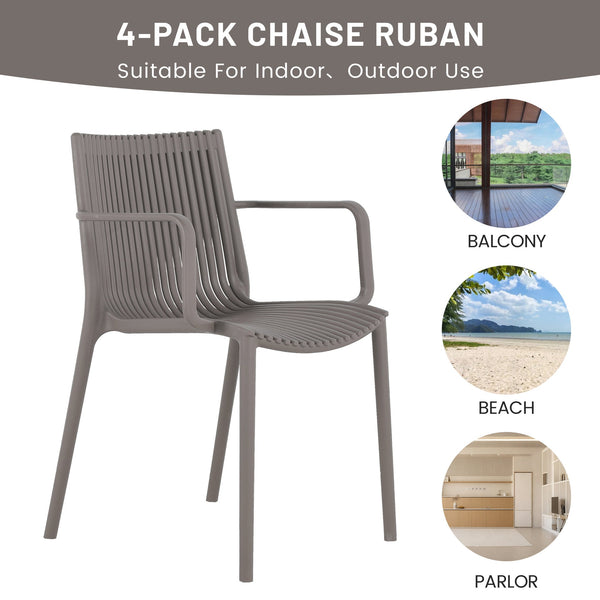 English Elm 4pcs Stackable PP Armchair Set with 55" Modern Long Table – Weatherproof, Ergonomic Outdoor Dining Suite khaki,Warm Grey,White W3450S00029