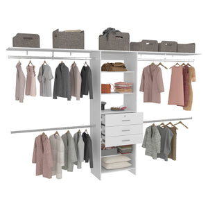 English Elm Plego Adjustable Closet System 69"-118" W | White MDF, 5 Shelves, 4 Rods, 3 Drawers for Custom Storage B070S00359