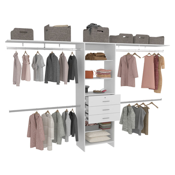 English Elm Plego Adjustable Closet System 69"-118" W | White MDF, 5 Shelves, 4 Rods, 3 Drawers for Custom Storage B070S00359