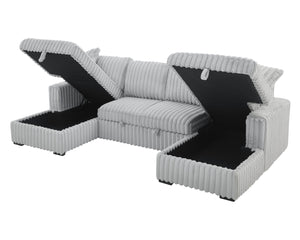 English Elm U U Shaped Sleeper Sofa with Pull-Out Bed and Hidden Chaise Storage, Plush Corduroy Comfort Grey W1417S00077